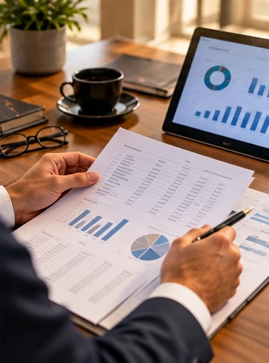 Mãos analisando relatório financeiro impresso, com gráficos também em um tablet