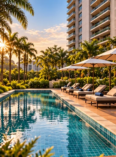 Piscina de condomínio-clube com espreguiçadeiras e guarda-sóis ao pôr do sol