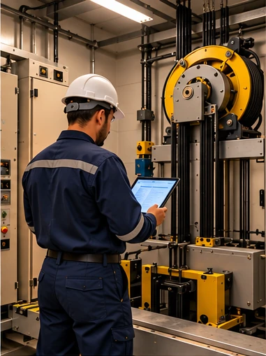 Técnico de capacete conferindo a manutenção da casa de máquinas do elevador em um tablet
