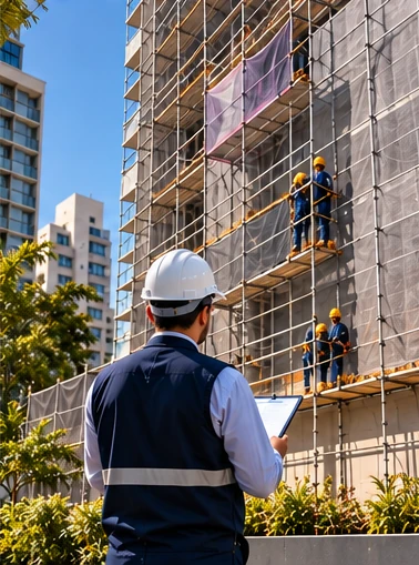 Engenheiro com prancheta acompanhando obra de fachada com andaimes e operários